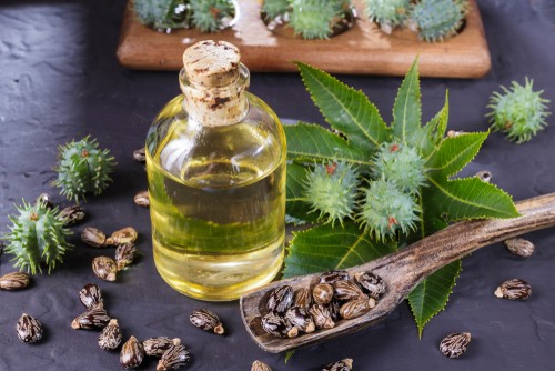 castor oil in a glass bottle 