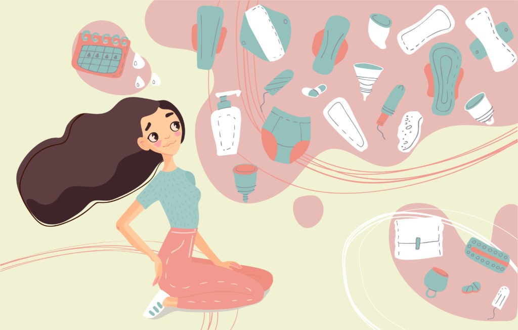 female cartoon thinking about menstrual products