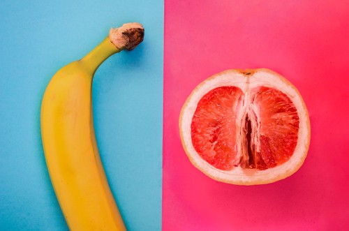 banana and grapefruit representing vagina and penis 