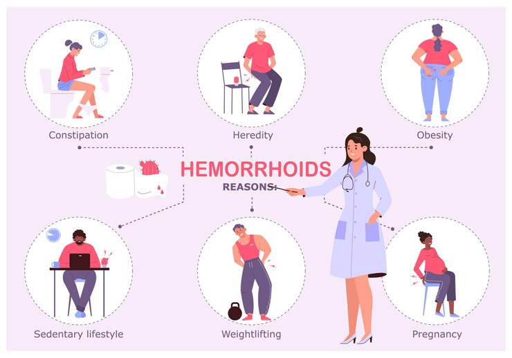 An image of a chart displaying the causes of hemorrhoids in individuals, ranging from constipation to heredity or sedentary lifestyles.