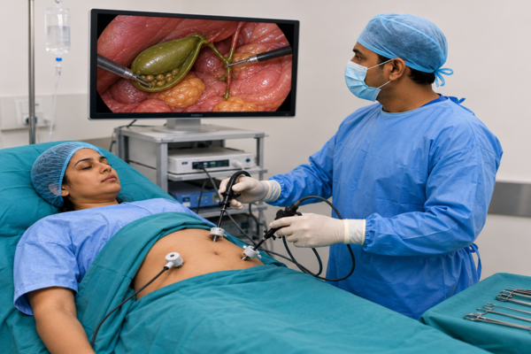 Doctors performing surgery to remove gallbladder stones