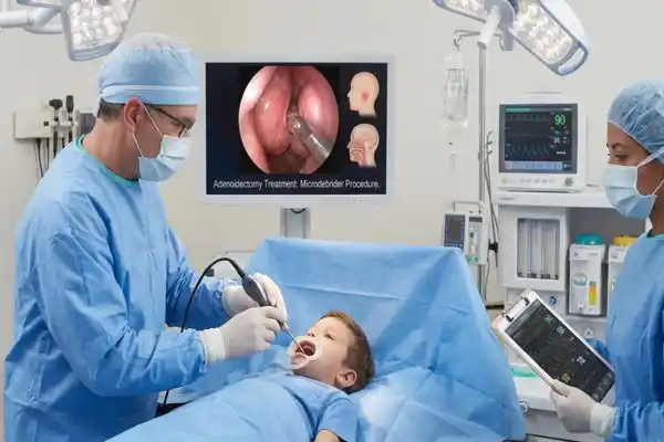 Doctor holds an X-ray picture in the background of a patient with inflamed adenoids.